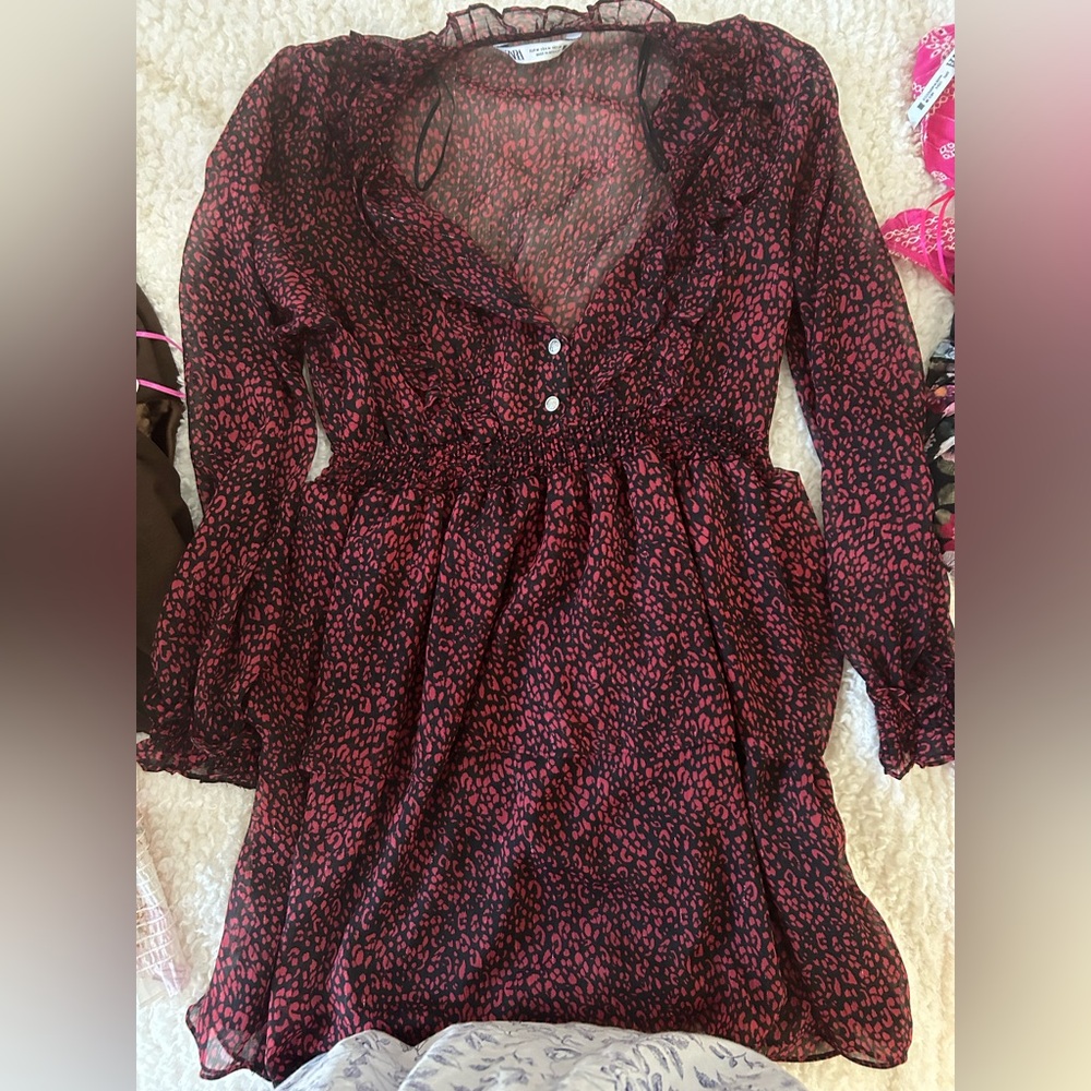 Zara Red and Black Patterned Sheer Blouse